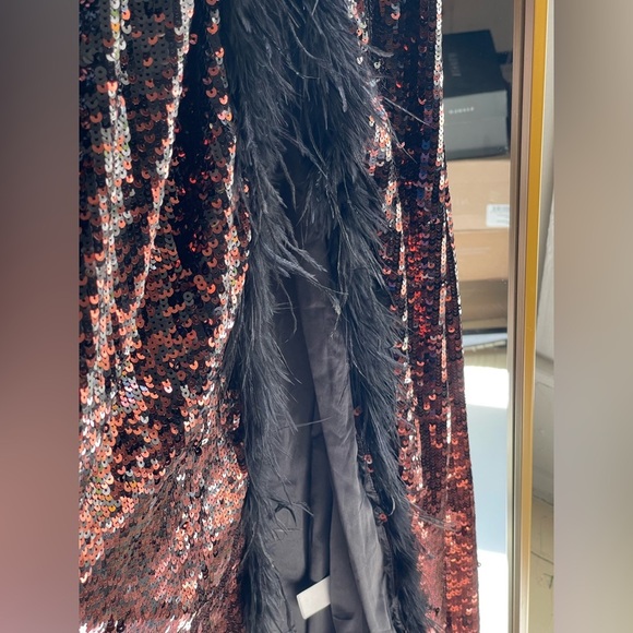 NWT WeWoreWhat Black and Brown Sequin Corset Feathered Gown - Picture 6 of 9